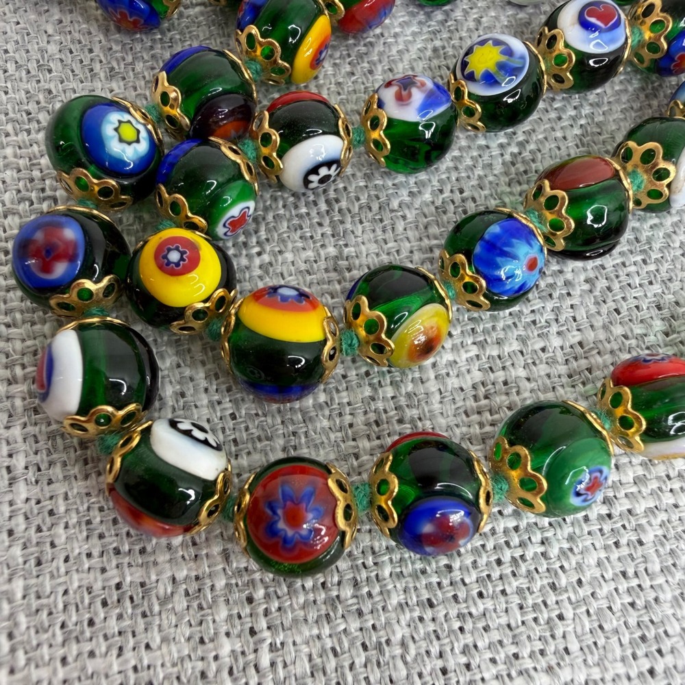 Millefiori Murano Glass Knotted Italian Floral Beaded Necklace 24" VTG - Picture 6 of 11